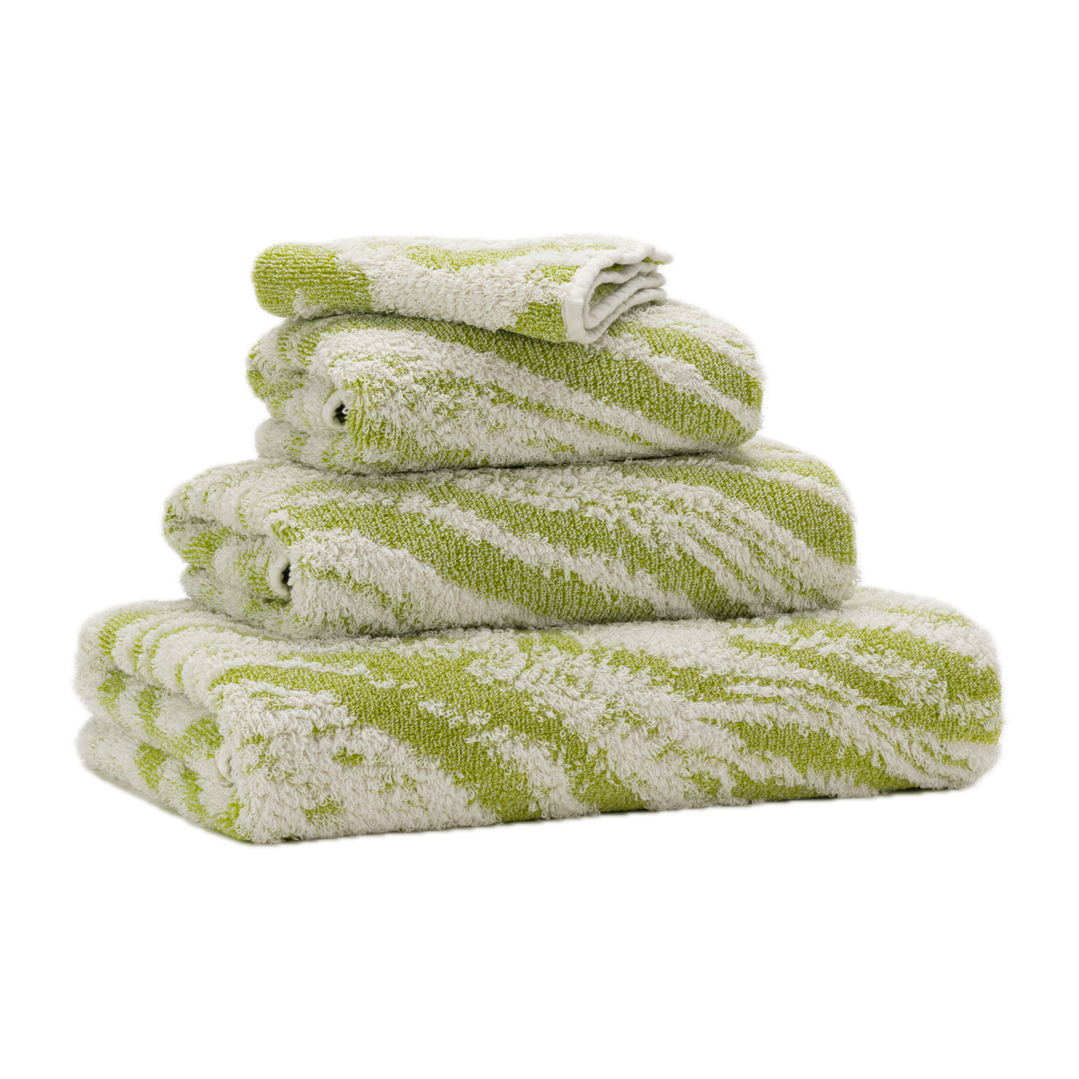 Tilted Stack of Abyss Fogo Bath Towels in Apple Green Color