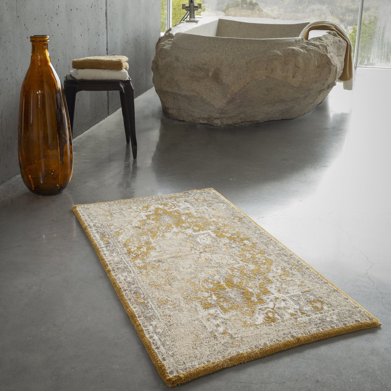 Lifestyle Shot of Abyss Habidecor Gaya Bath Rug in Color Sand (714)
