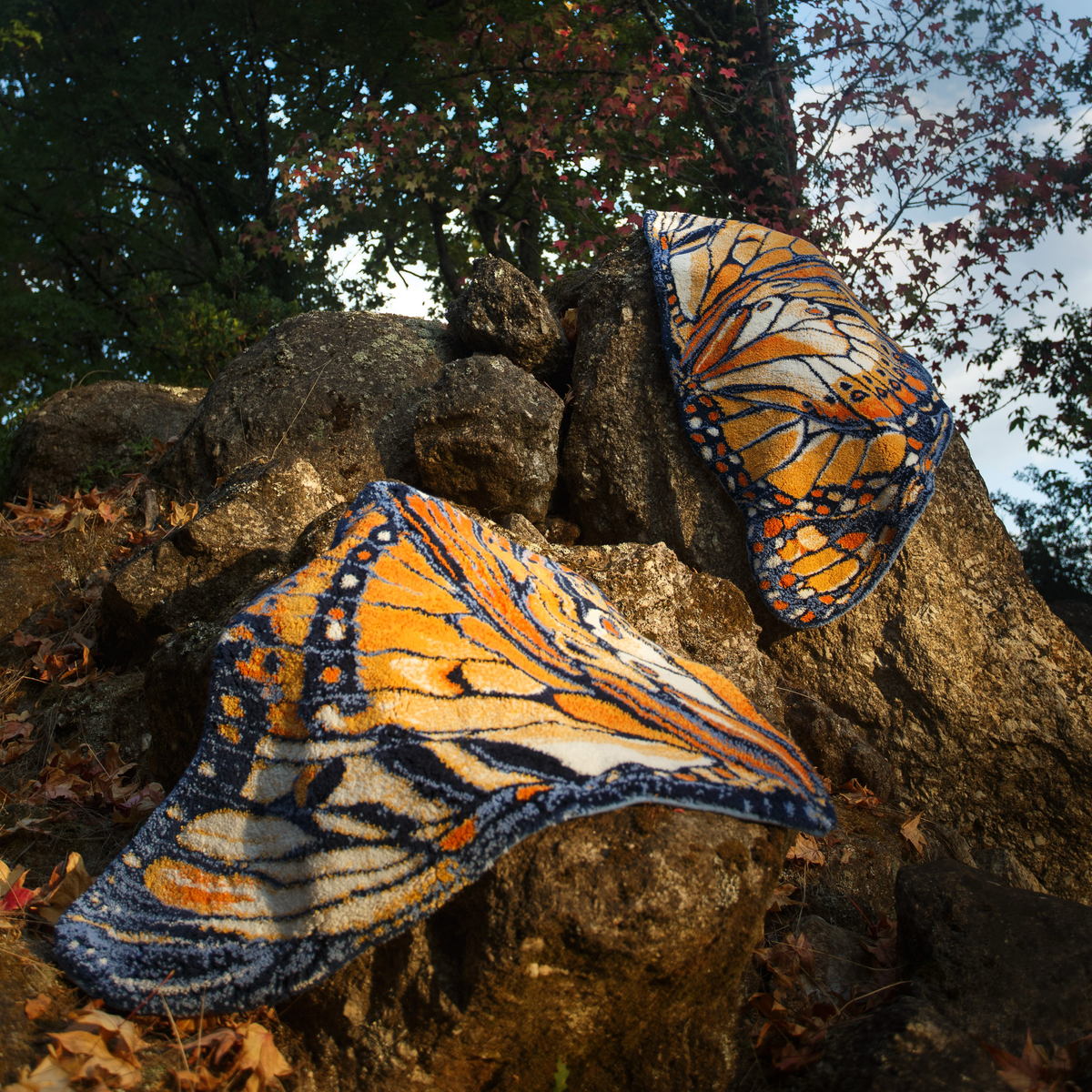 Two Abyss Habidecor Mariposa Bath Rugs with butterfly wing patterns drape over rocks, framed by autumn trees