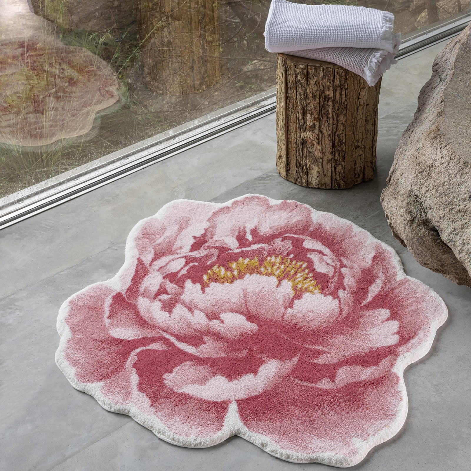 Lifestyle Shot of Abyss Habidecor Pivoine Bath Rug in Color Flamingo (573)