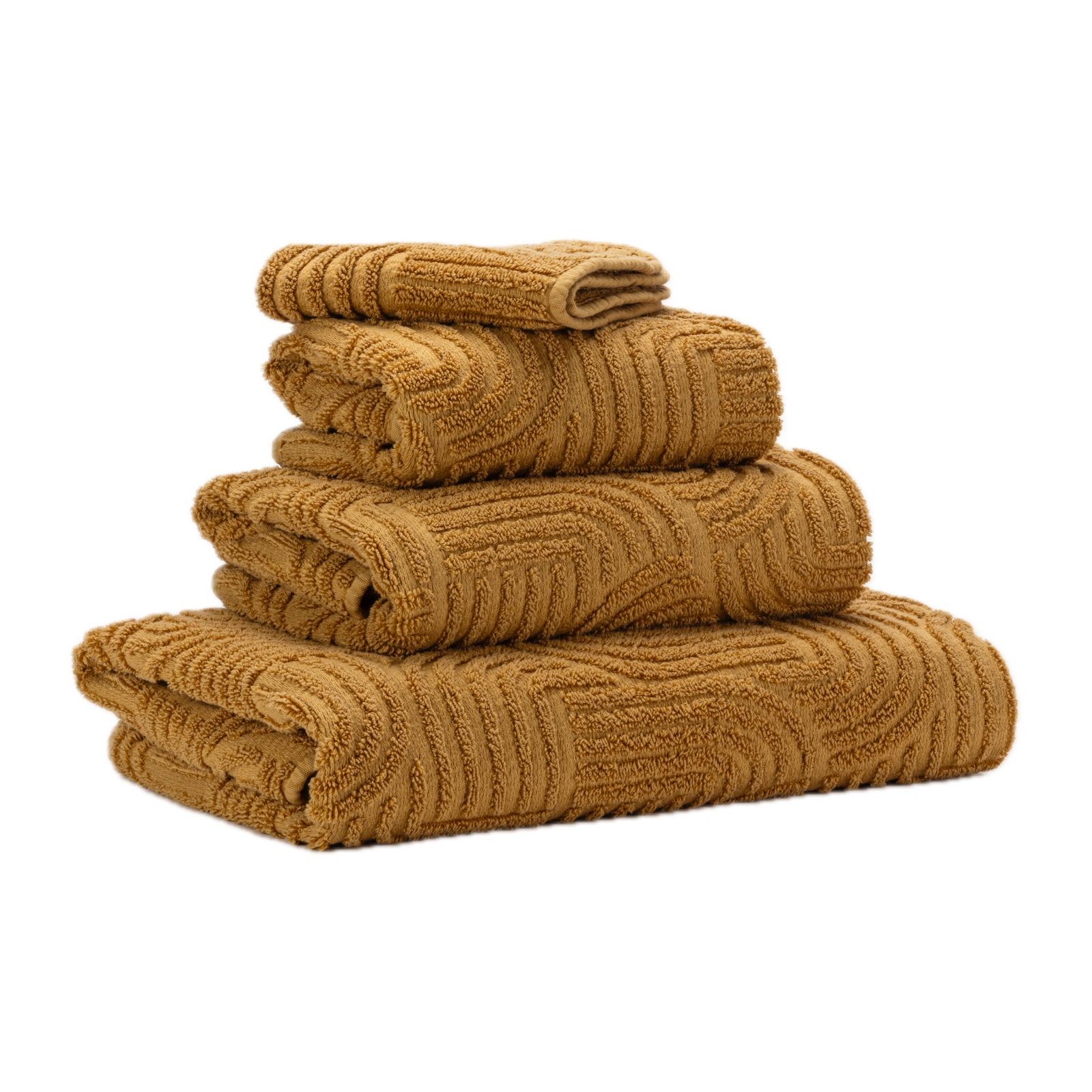 Corner Side Stack of Abyss Olly Bath Towels in Gold Color