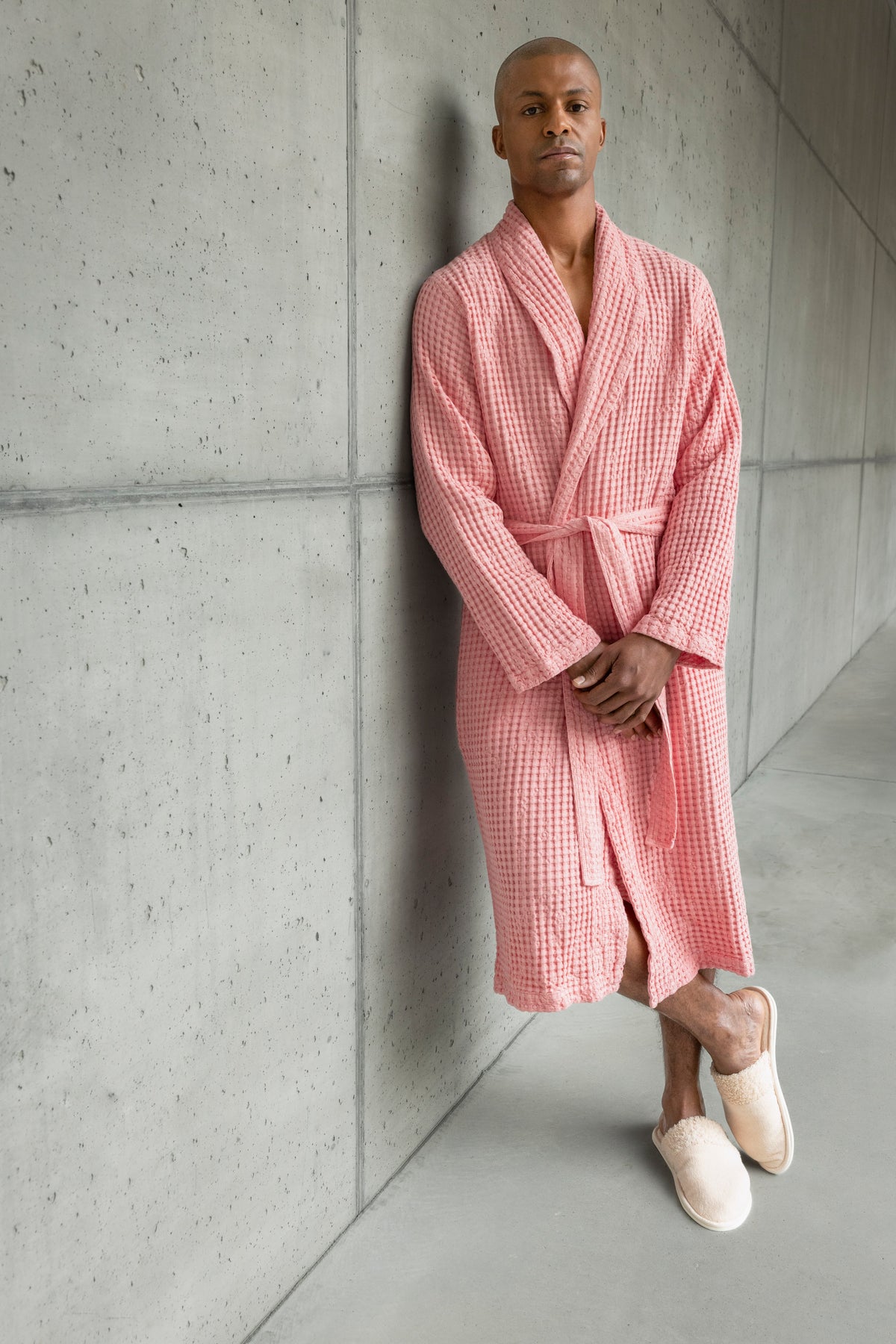 Model Wearing Abyss Pousada Bath Robe in Color Flamingo (573)