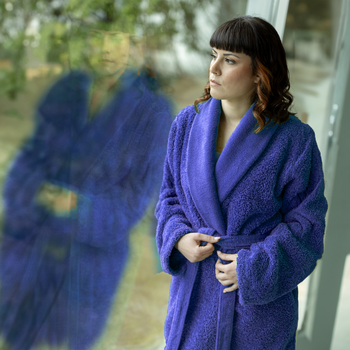 Lifestyle Image of Abyss Super Pile Bath Robe Cadette Blue (332)