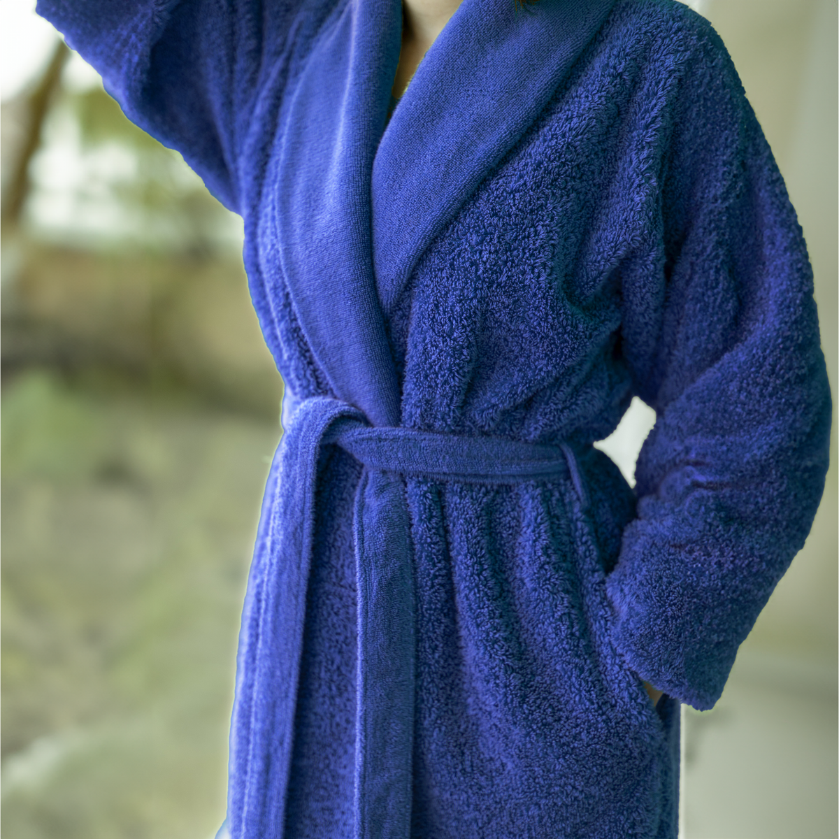 Lifestyle Closeup of Abyss Super Pile Bath Robe Cadette Blue (332)