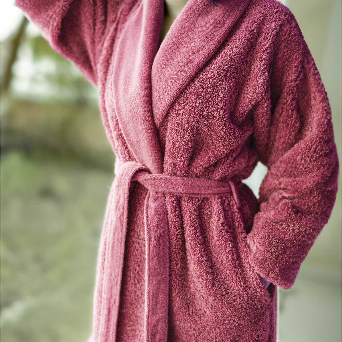 Lifestyle Closeup of Abyss Super Pile Bath Robe Flamingo (573)