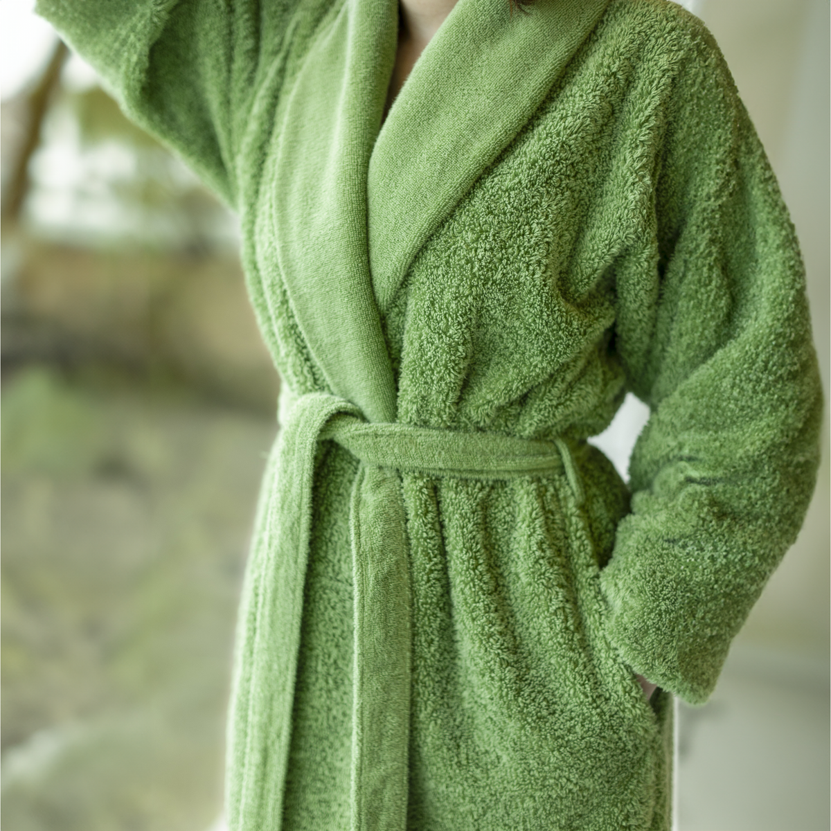 Lifestyle Closeup of Abyss Super Pile Bath Robe Forest (205)
