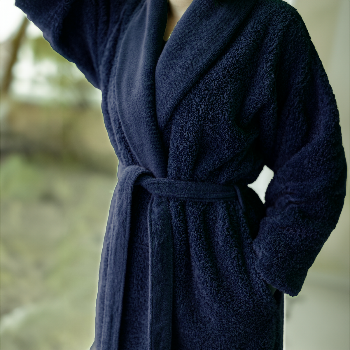 Lifestyle Closeup of Abyss Super Pile Bath Robe Navy (314)