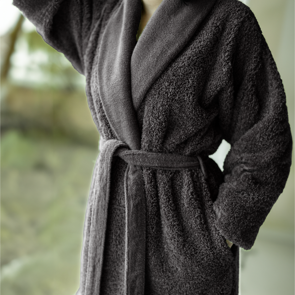 Lifestyle Closeup of Abyss Super Pile Bath Robe Volcan (997)