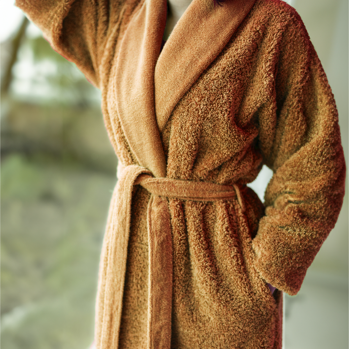 Lifestyle Closeup of Abyss Super Pile Bath Robe Gold (840)
