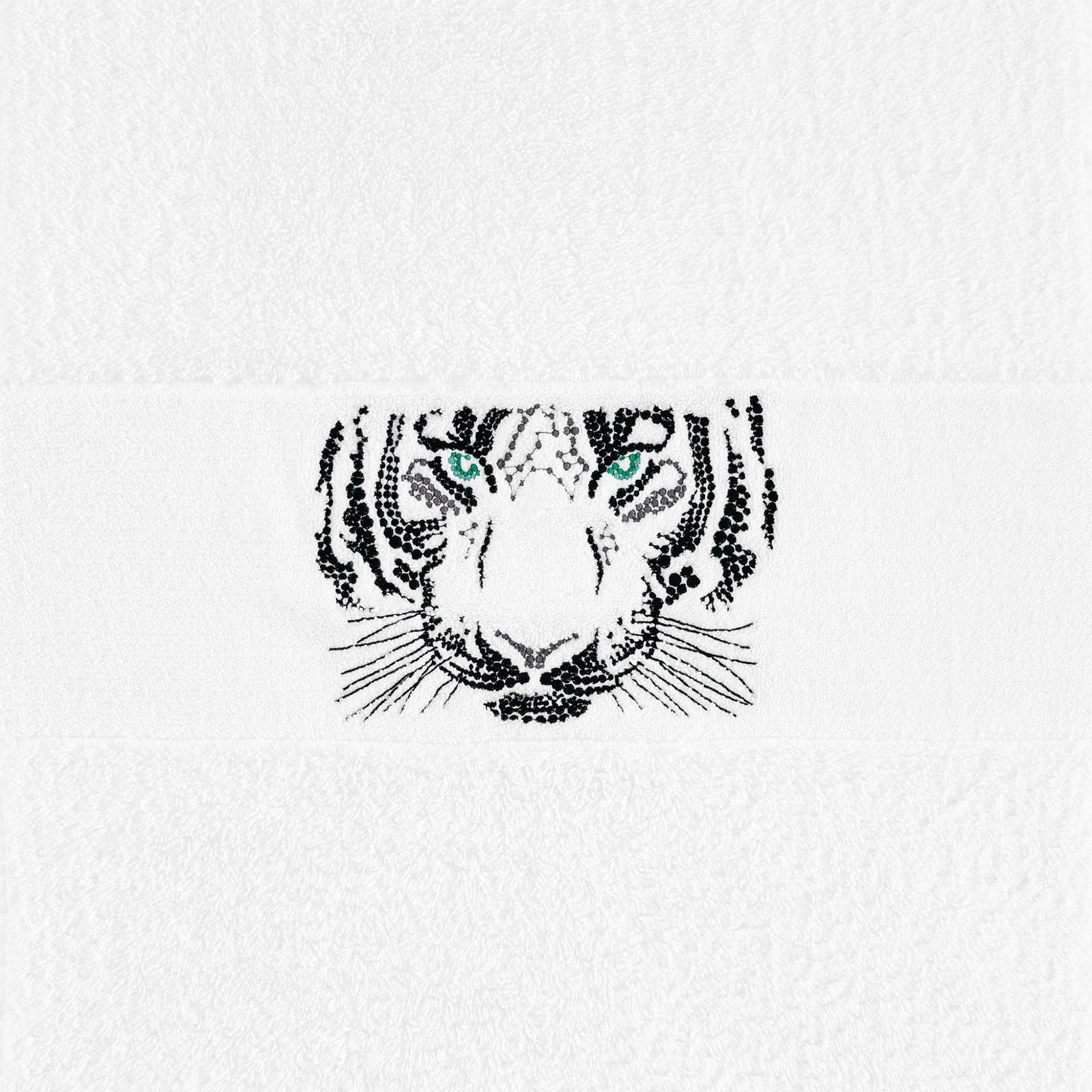 Abyss Tiger Embroidered Bath Towel hanging in a bathroom