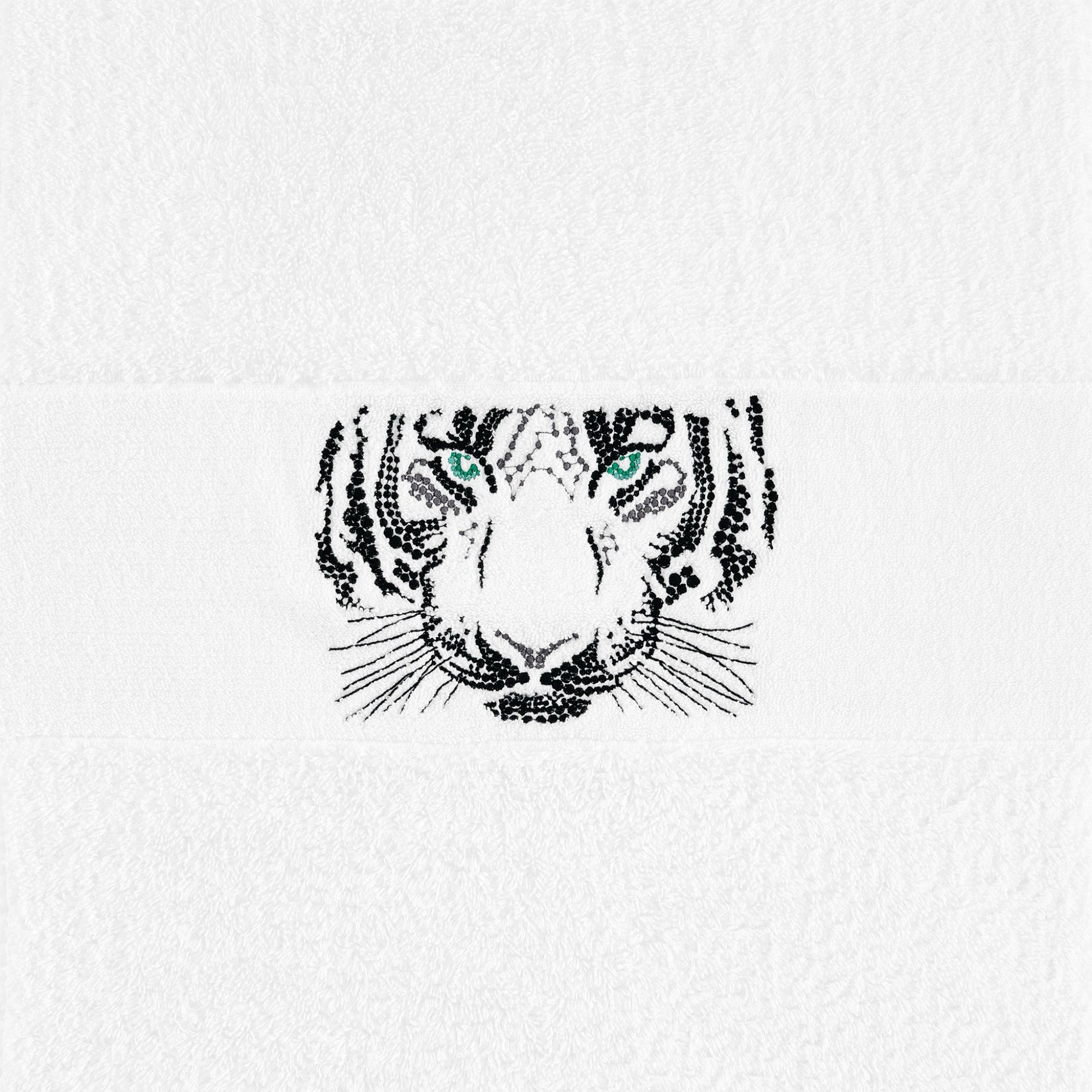 Abyss Tiger Embroidered Bath Towel hanging in a bathroom