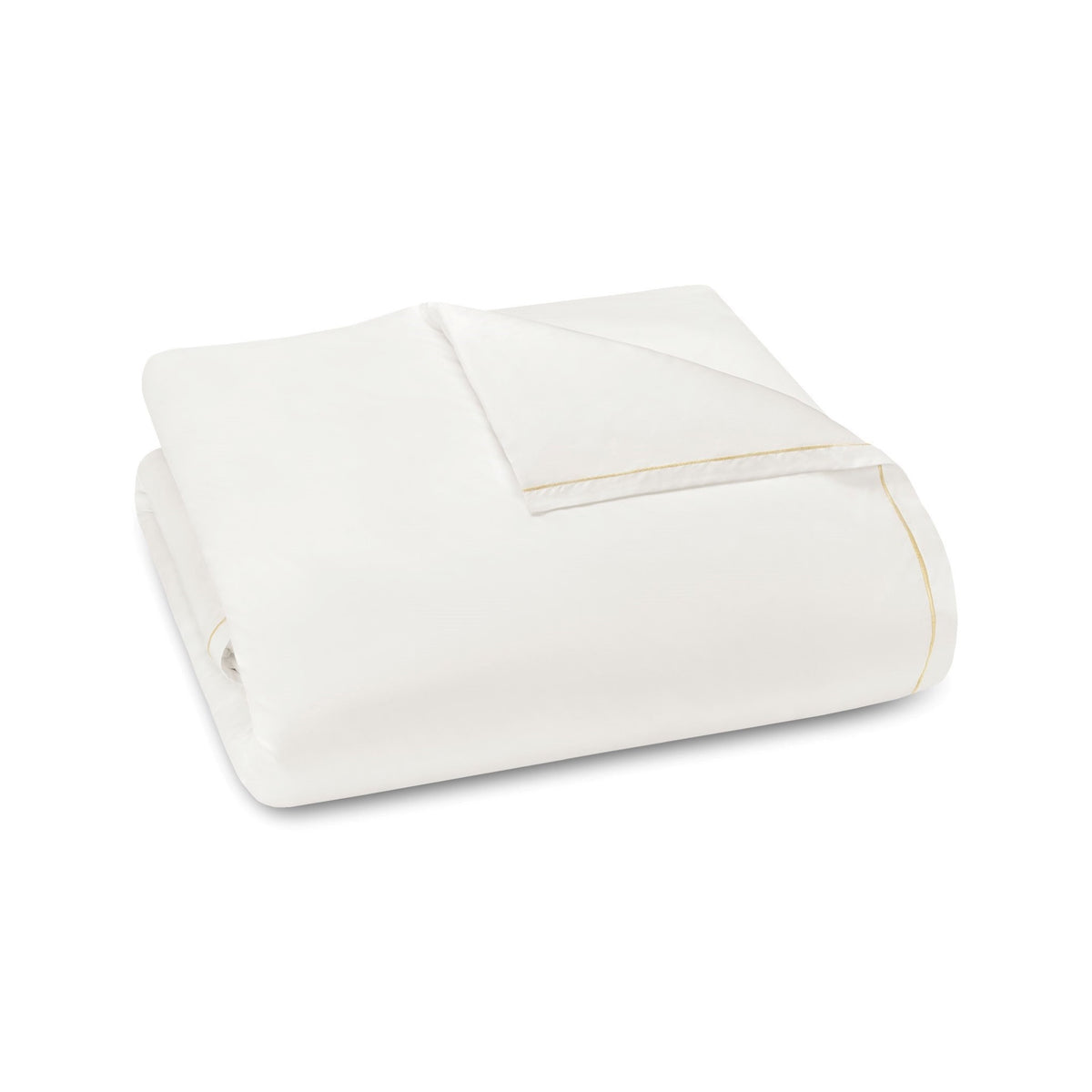 A neatly folded Giza 92 Egyptian cotton sateen Cream Amalia Dalia Duvet with Gold embroidery trim