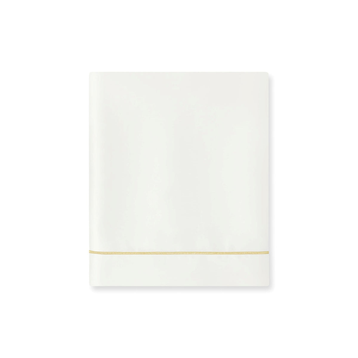 A folded Cream Giza 92 Egyptian cotton sateen Flat Sheet from Amalia Dalia Bedding, accented with a Gold stitched border near the edge