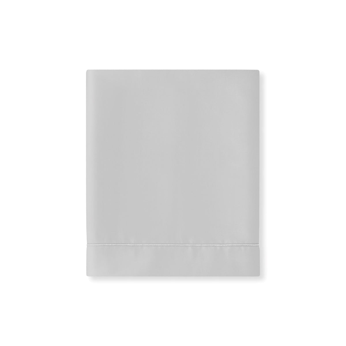 A folded Grey Giza 92 Egyptian cotton sateen Flat Sheet from Amalia Dalia Bedding, accented with a Silver stitched border near the edge