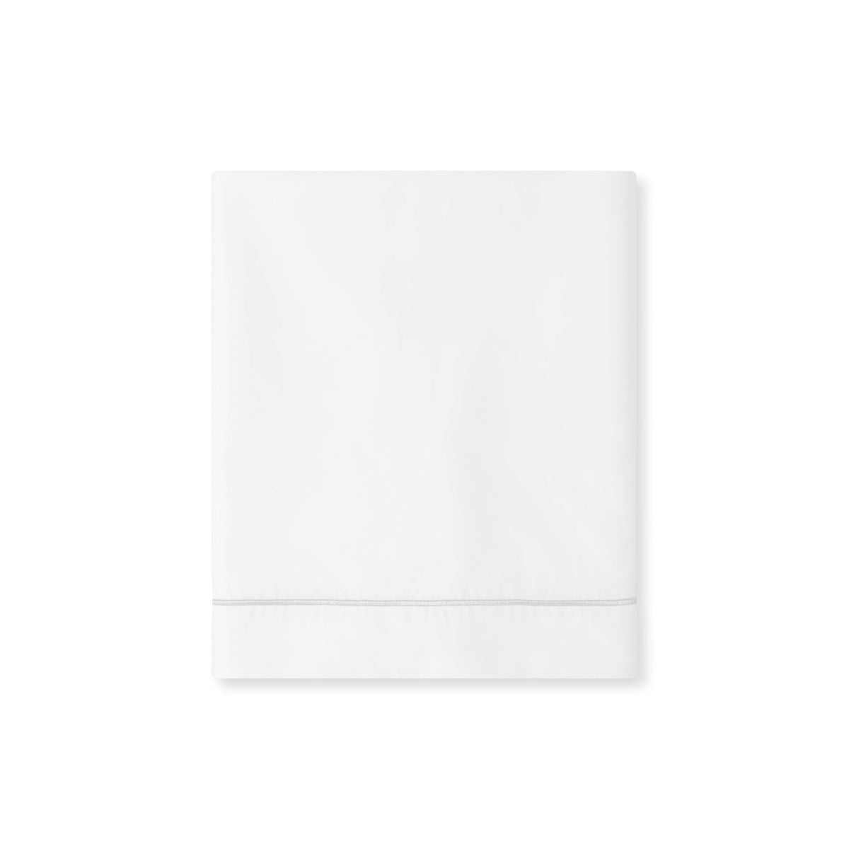 A folded White Giza 92 Egyptian cotton sateen Flat Sheet from Amalia Dalia Bedding, accented with a Silver stitched border near the edge