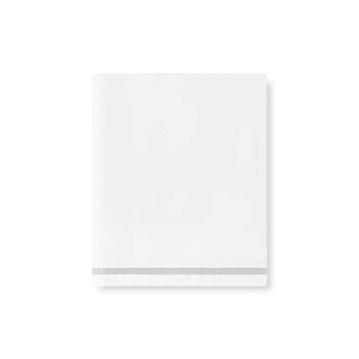 A folded White Amalia Eden Sea Island Cotton Flat Sheet with a Cool Grey horizontal stripe near the bottom edge