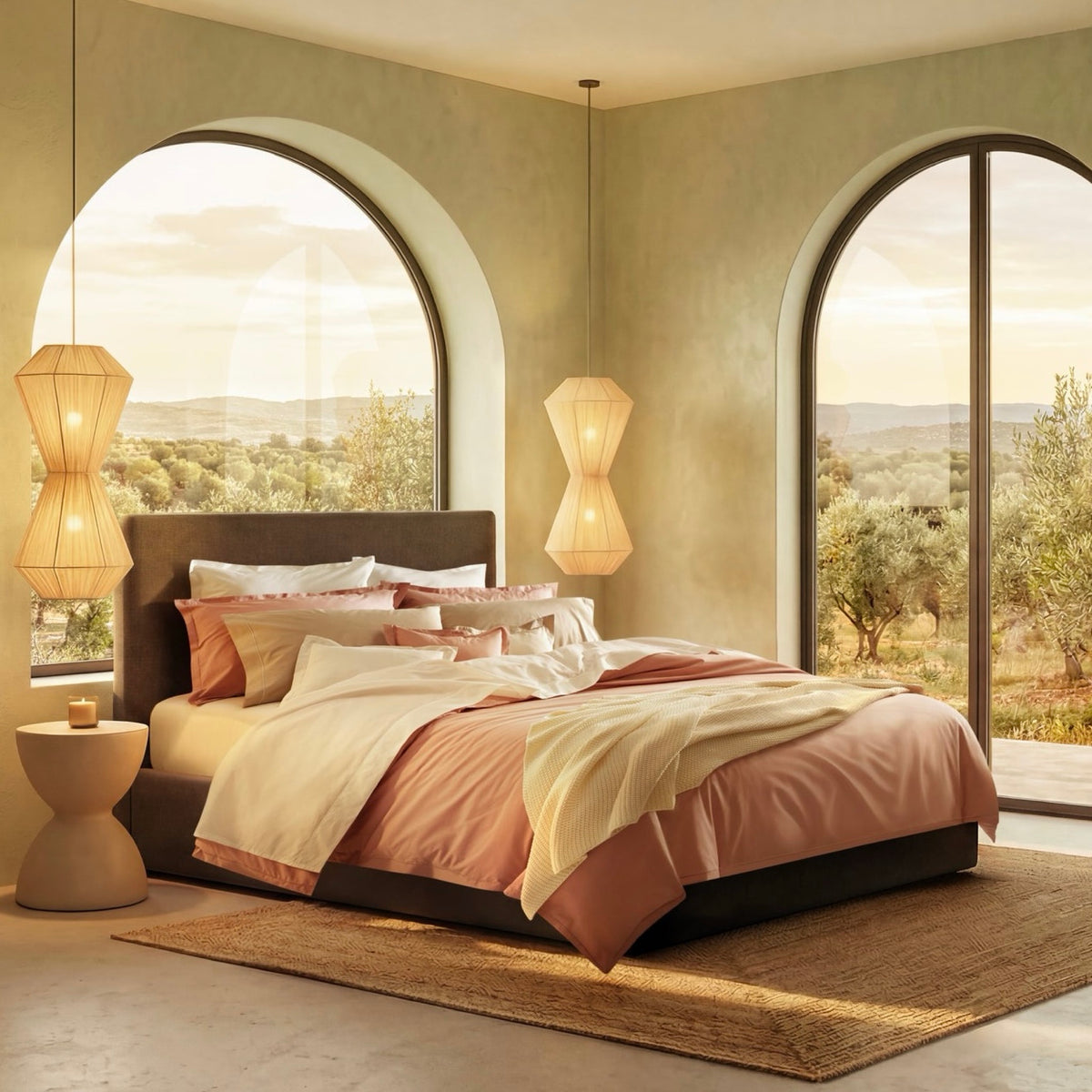 A made bed with Charm Pink Amalia Fresco Giza 94 Bedding sits in a room with arched windows overlooking an orchard