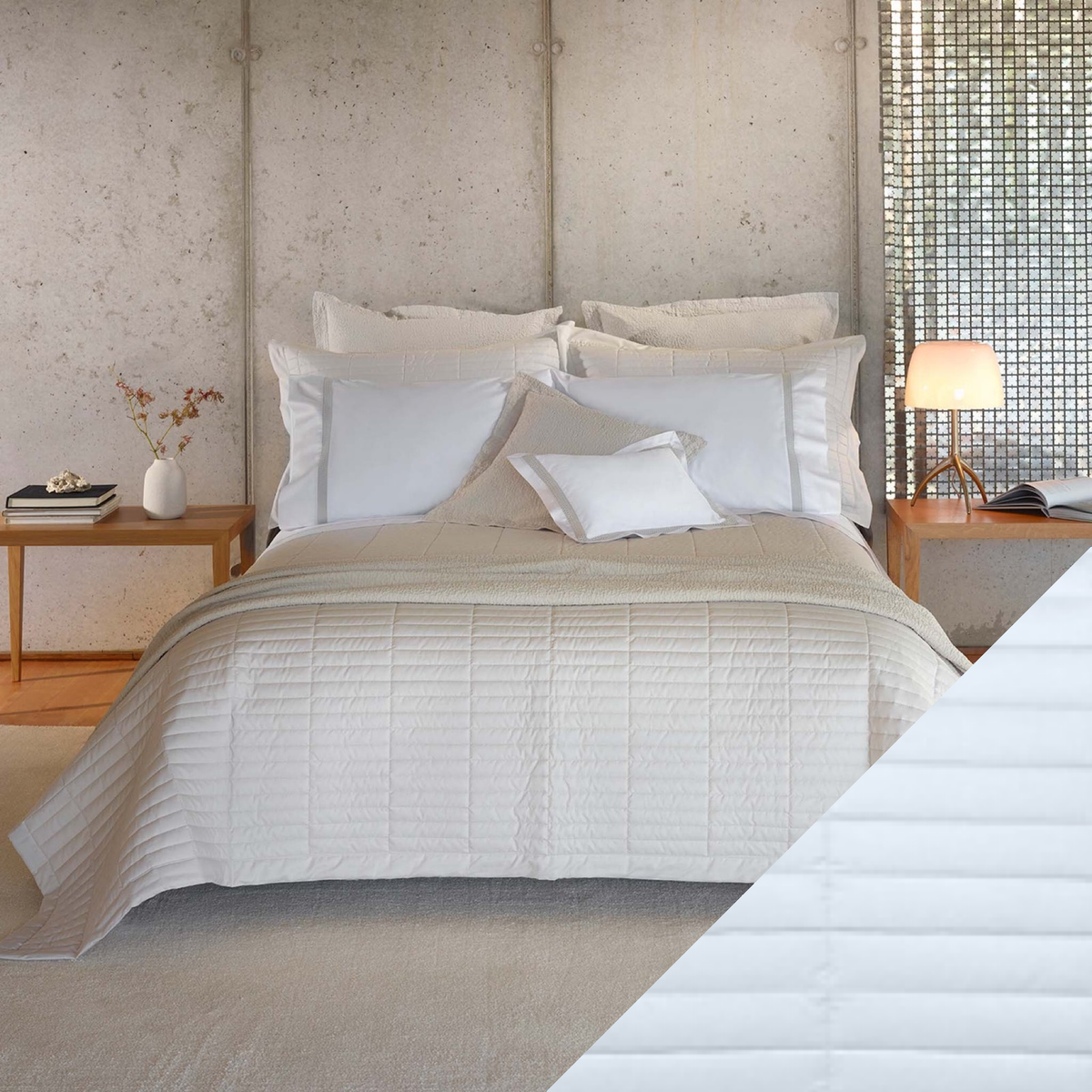 White Amalia Fresco Quilted Bedding and Pale Blue swatch