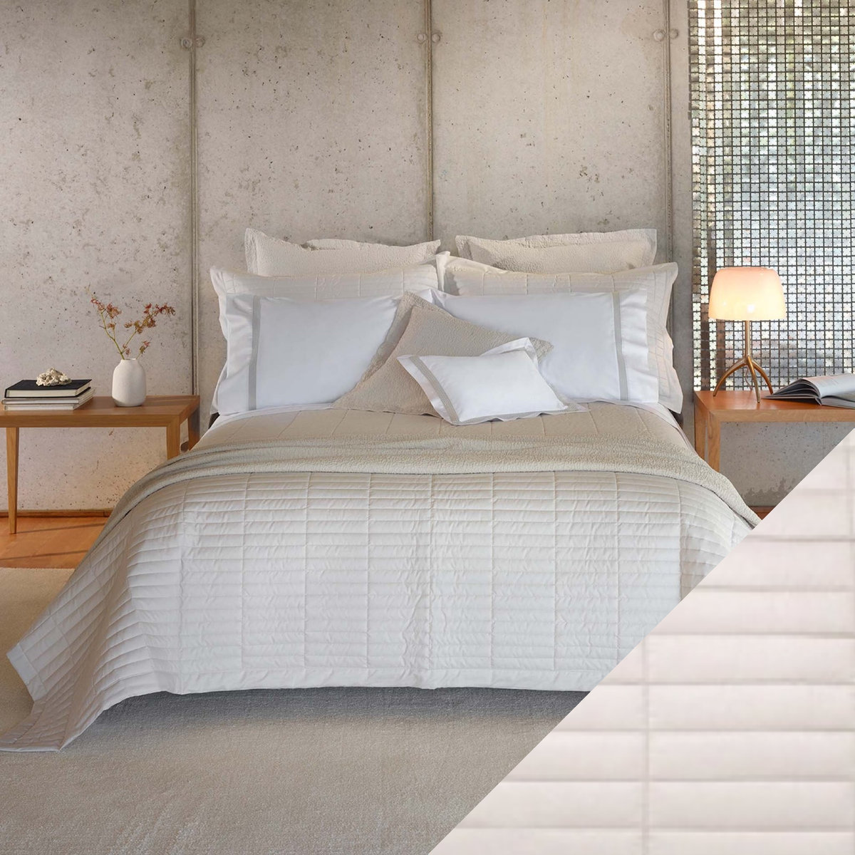 White Amalia Fresco Quilted Bedding and Sand swatch