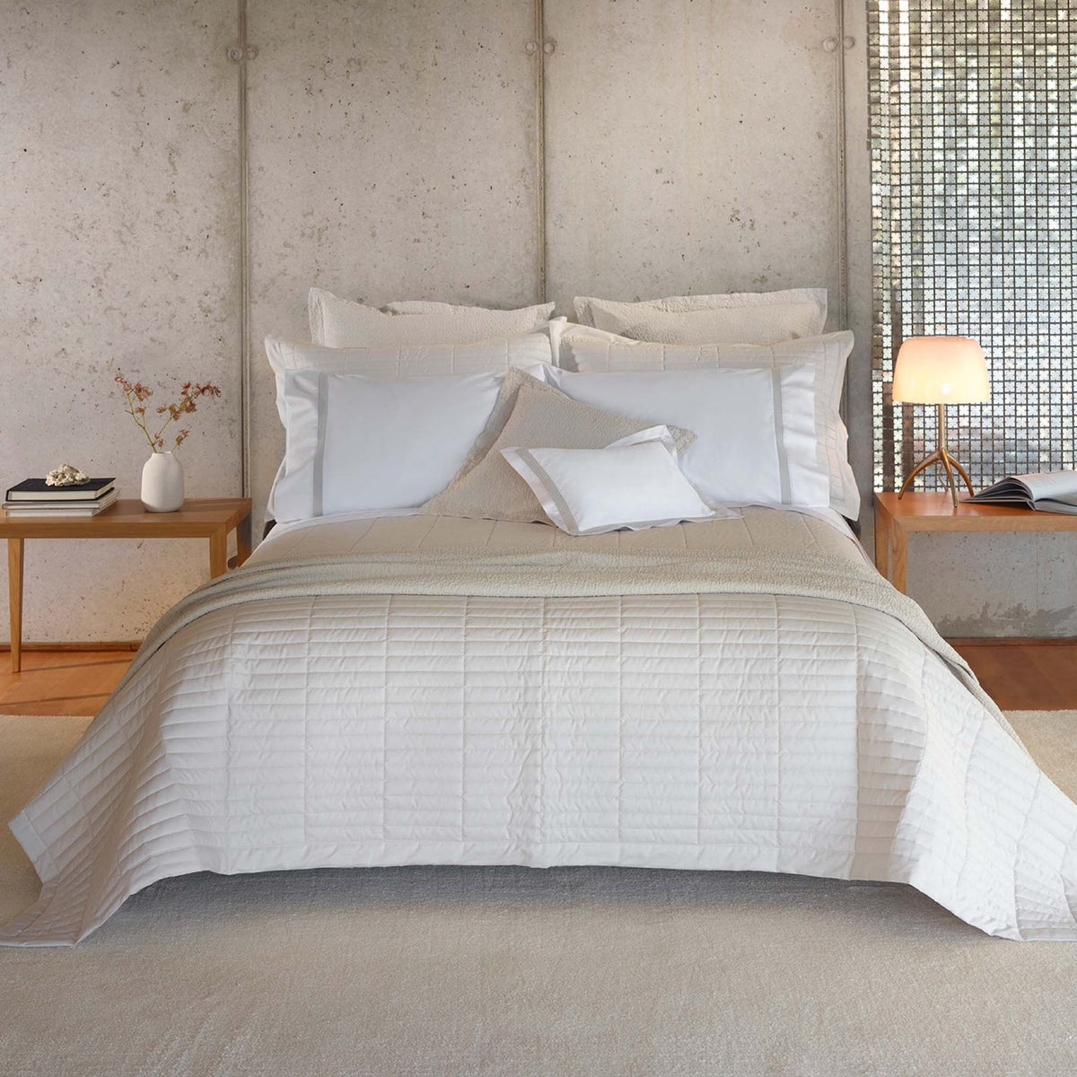 Bed with White Amalia Fresco Quilted Bedding and coordinate pillows
