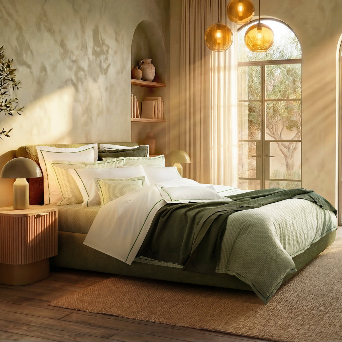 Side View of Bed with Amalia Gaia Bedding in Primavera color