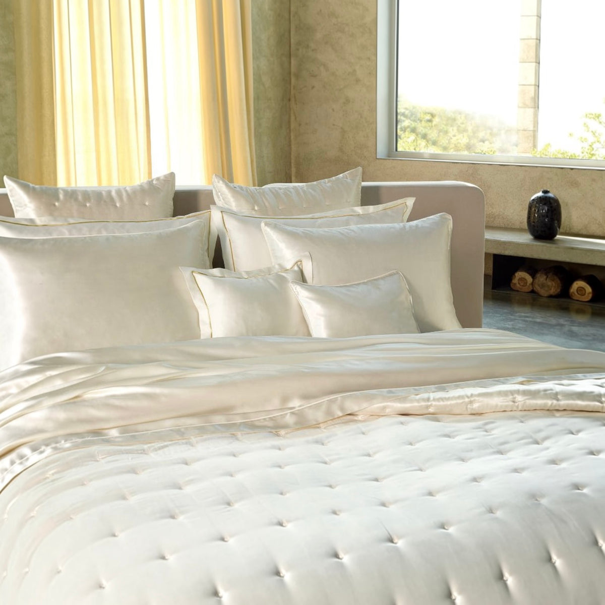 Closeup view of Natural Amalia Maria Silk Quilted Bedding