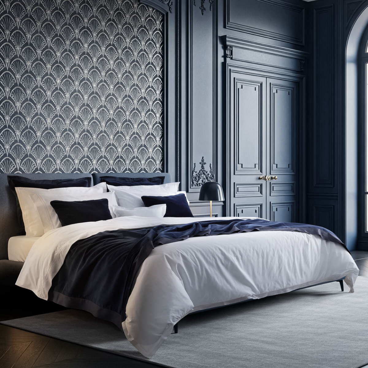 Corner View of White Amalia Pleno Giza 45 Cotton Bedding with Navy blue coordinate