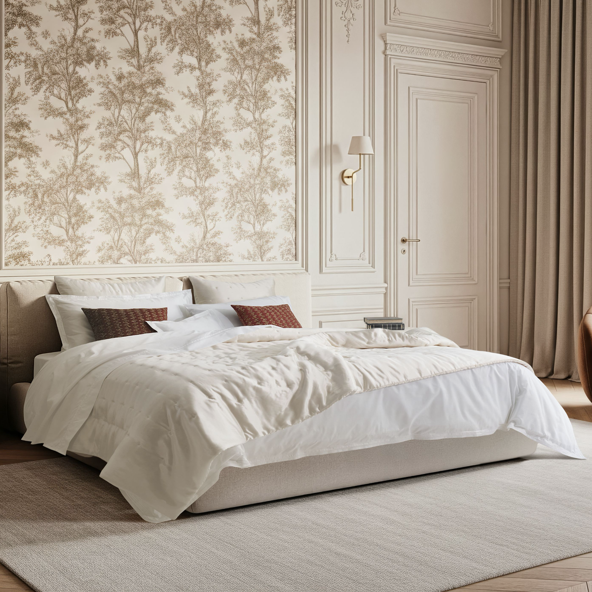Bed with White Amalia Puro Giza 45 Cotton Bedding in a brightly lit room