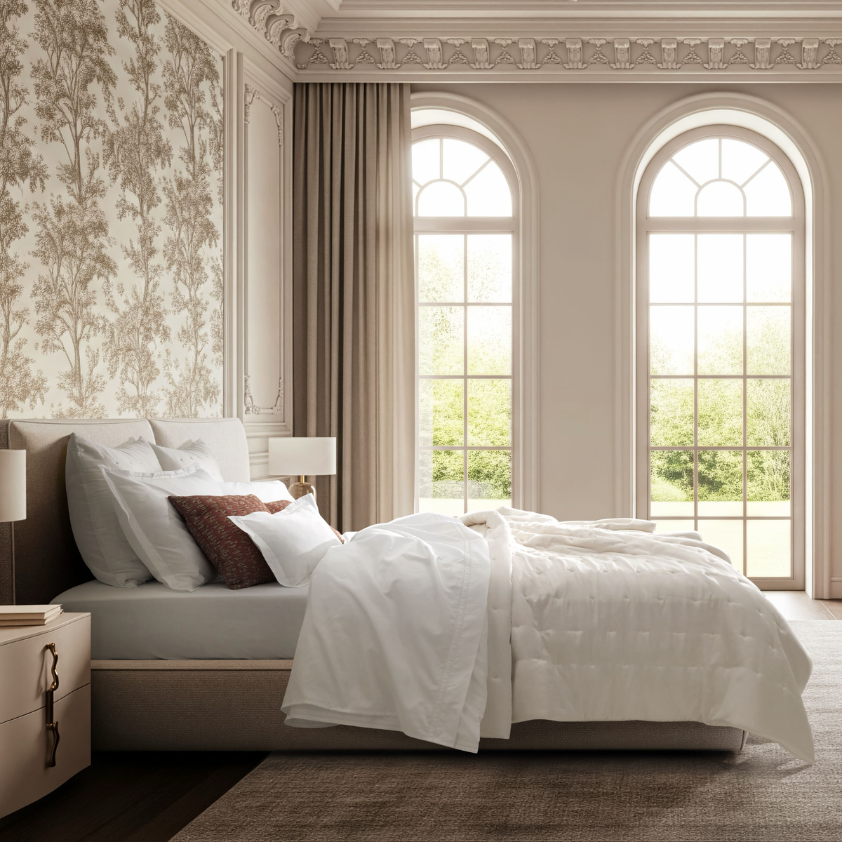 Side View of bed with White Amalia Puro Giza 45 Cotton Bedding