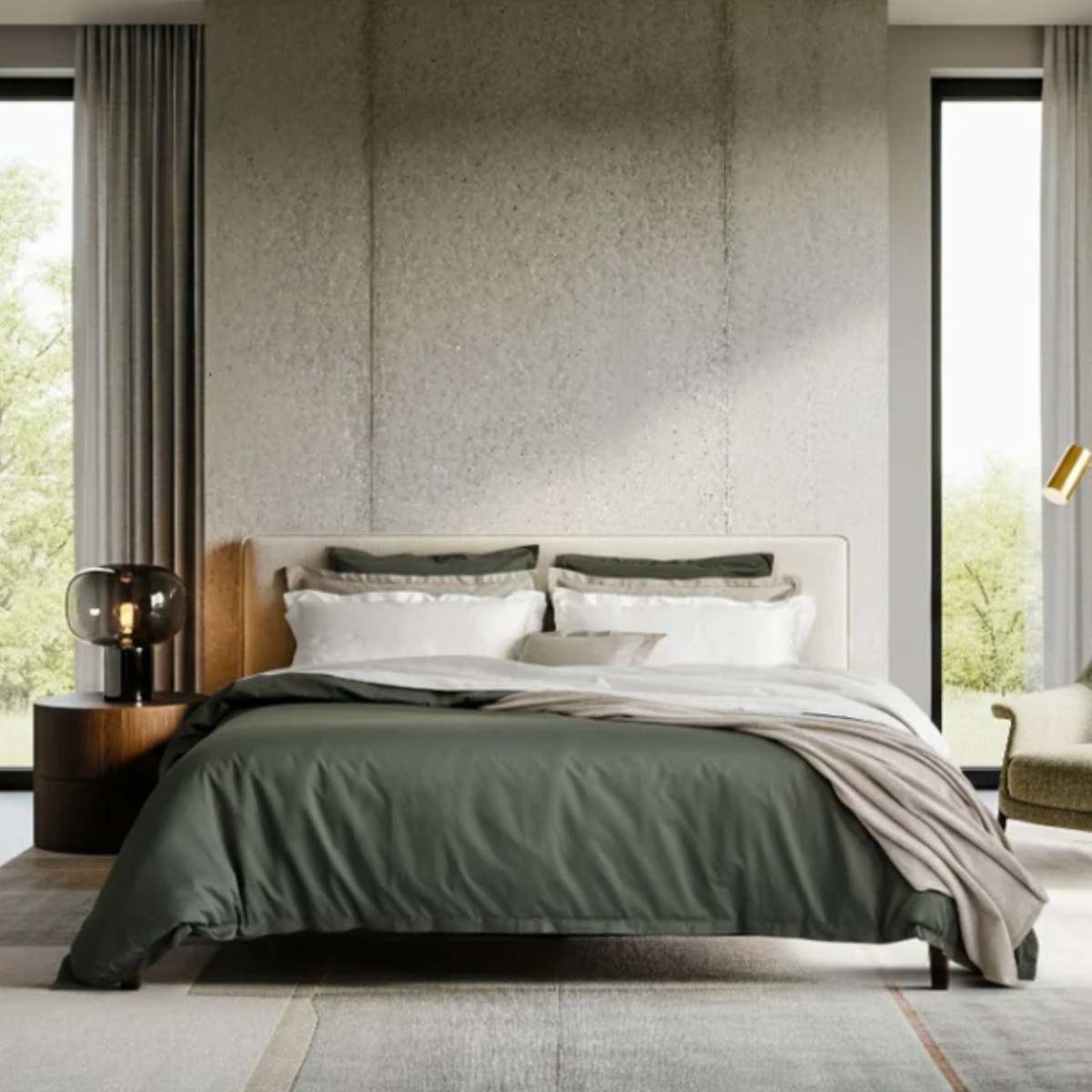 A bed made with 430 thread count Caqui Amalia Suave Giza 94 Bedding, next to a lamp