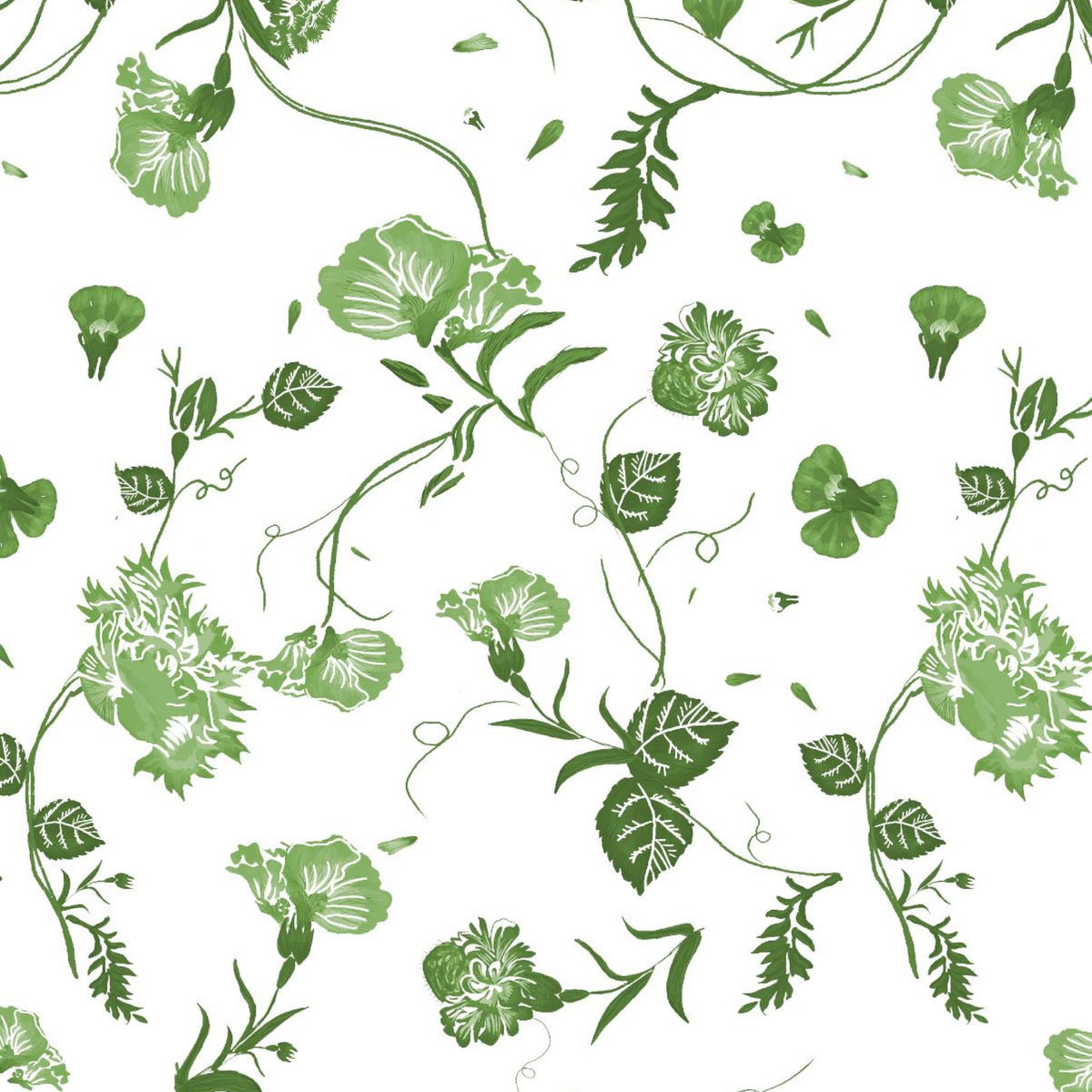 Primavera Amalia Vila-Flor Bedding with Botanical print of various flowers and vine-like leaves on white 430 thread count sateen