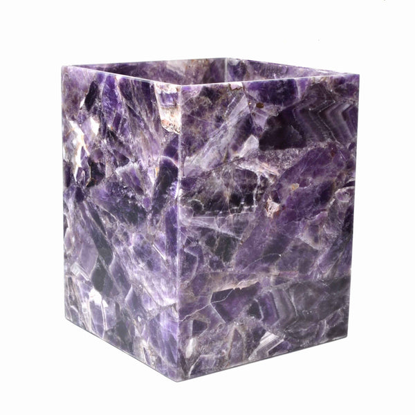 A square, polished container of purple amethyst stone, perfect for luxury bath accessories or gemstone bathroom decor.