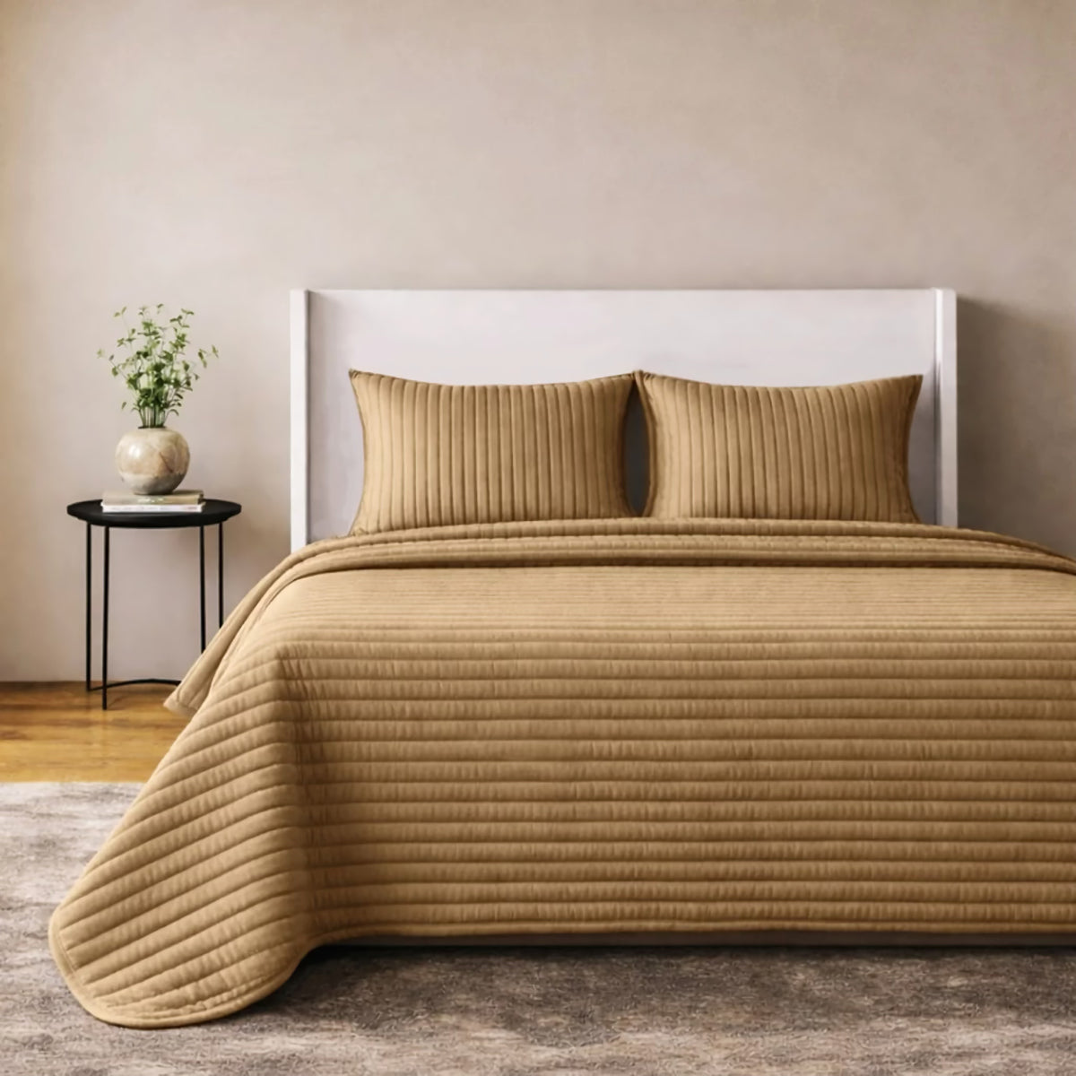 Camel colored Ann Gish Channel Velvet Coverlet Set