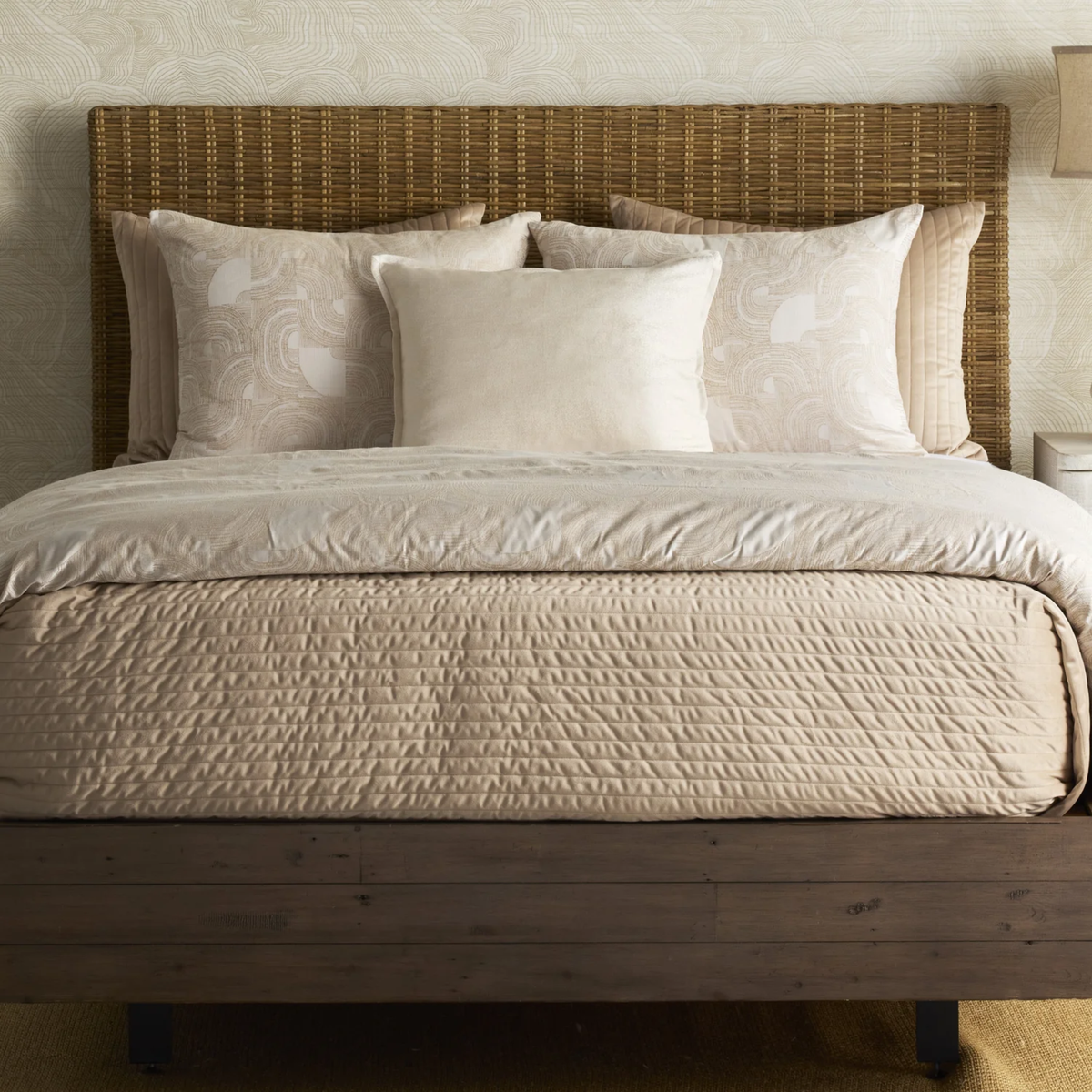 Buff colored Ann Gish Channel Velvet Coverlet Set with beige bedding coordinate