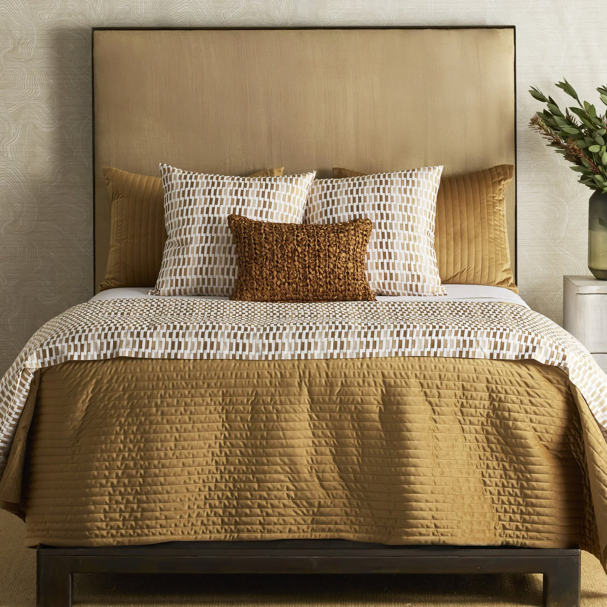 Camel colored Ann Gish Channel Velvet Coverlet Set with coordinate bedding 