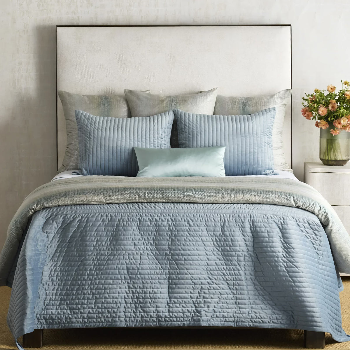 Sea colored Ann Gish Channel Velvet Coverlet Set with coordinate bedding