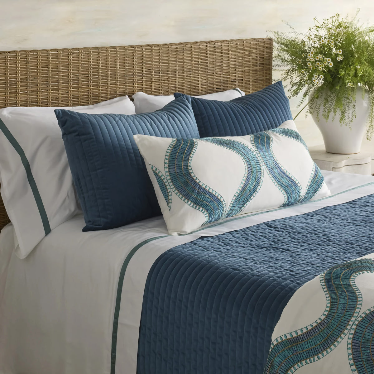 Side view of Teal colored Ann Gish Channel Velvet Coverlet Set with coordinate bedding