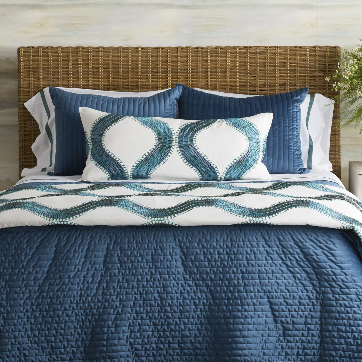 Teal colored Ann Gish Channel Velvet Coverlet Set with coordinate bedding