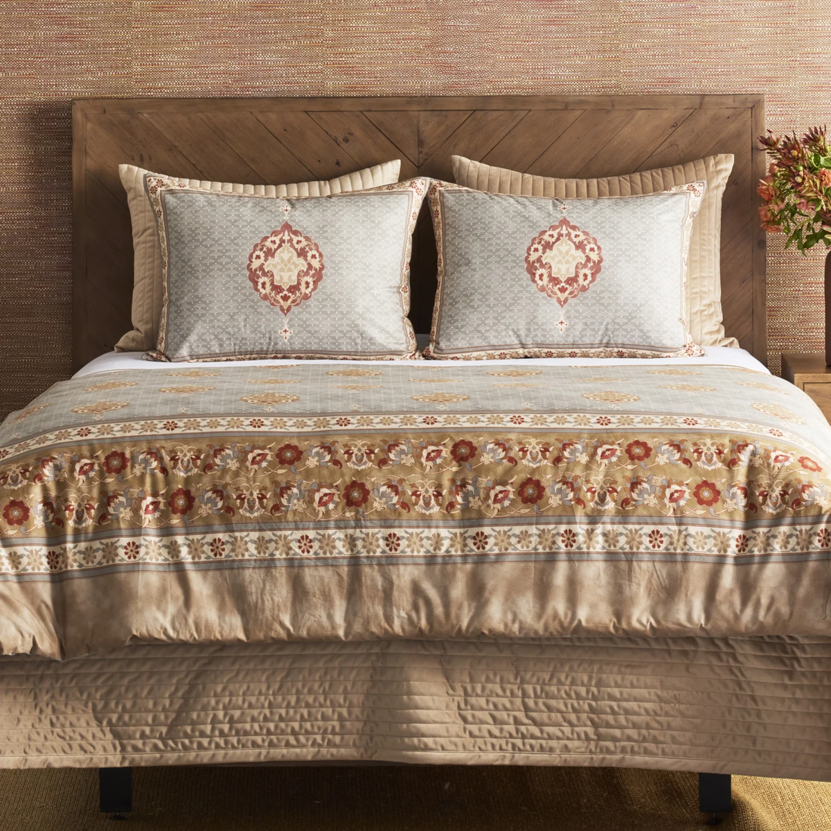 Buff colored Ann Gish Channel Velvet Coverlet Set with patterned bedding coordinate