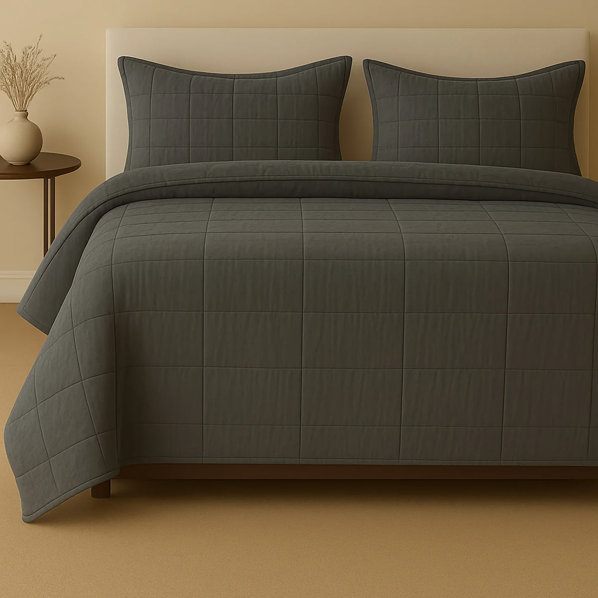 Bed with Charcoal colored Ann Gish Cotton Canvas Coverlet Set