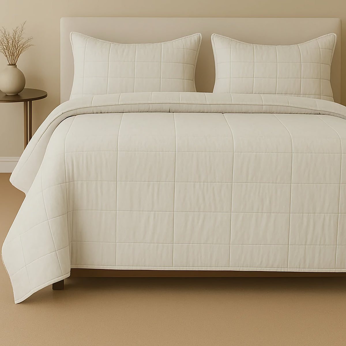 Bed with Bone colored Ann Gish Cotton Canvas Coverlet Set