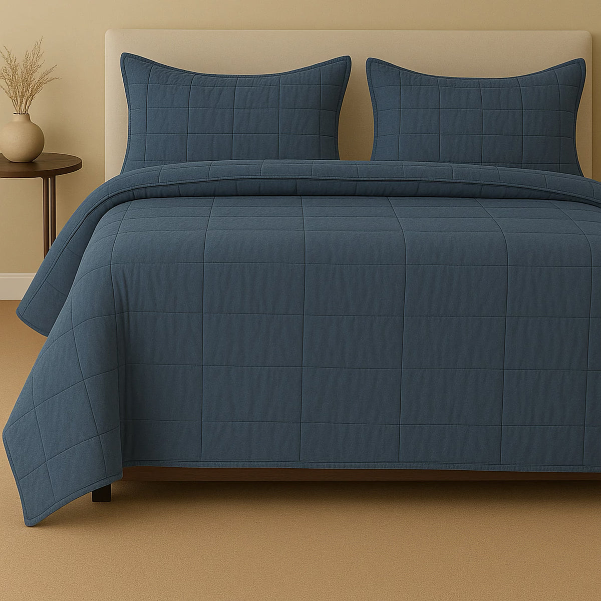 Bed with Denim colored Ann Gish Cotton Canvas Coverlet Set