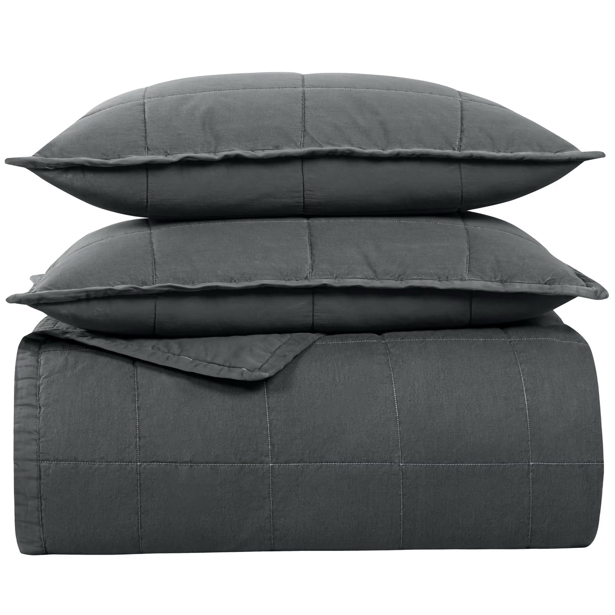 Stack of Charcoal colored Ann Gish Cotton Canvas Coverlet Set