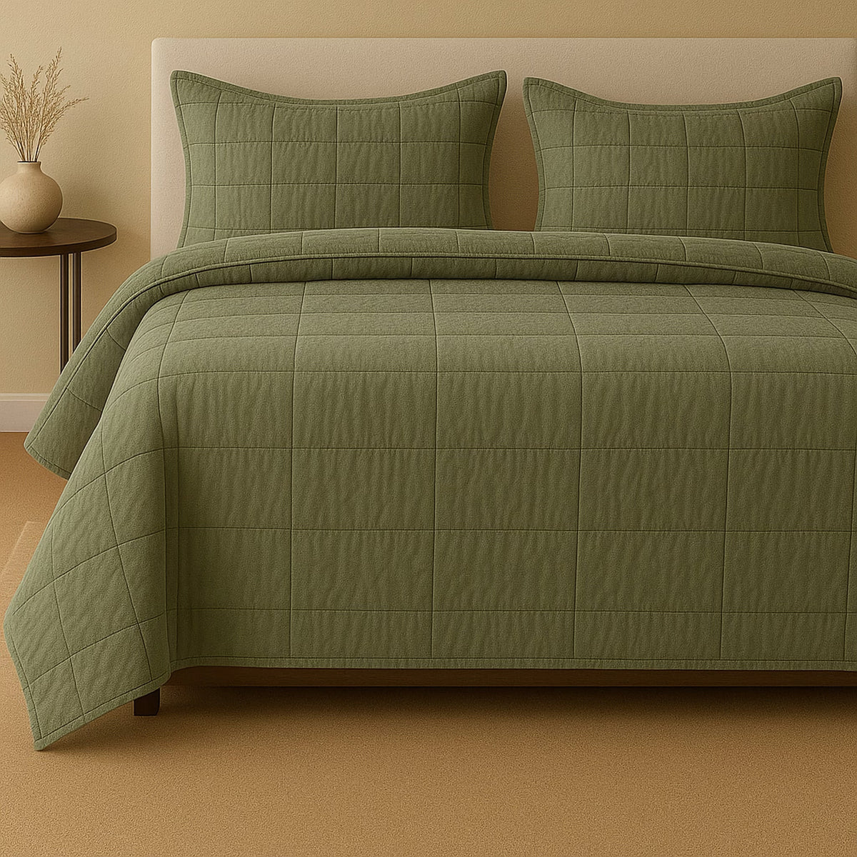 Bed with Forest Green colored Ann Gish Cotton Canvas Coverlet Set