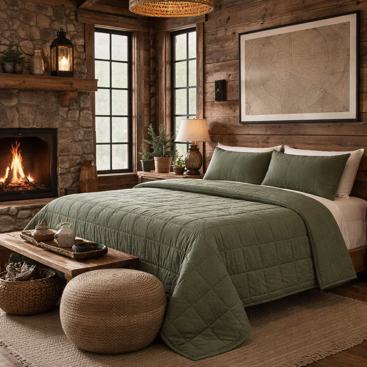 A bed with a Forest Green colored Ann Gish Cotton Canvas Coverlet Set in a wooden cabin