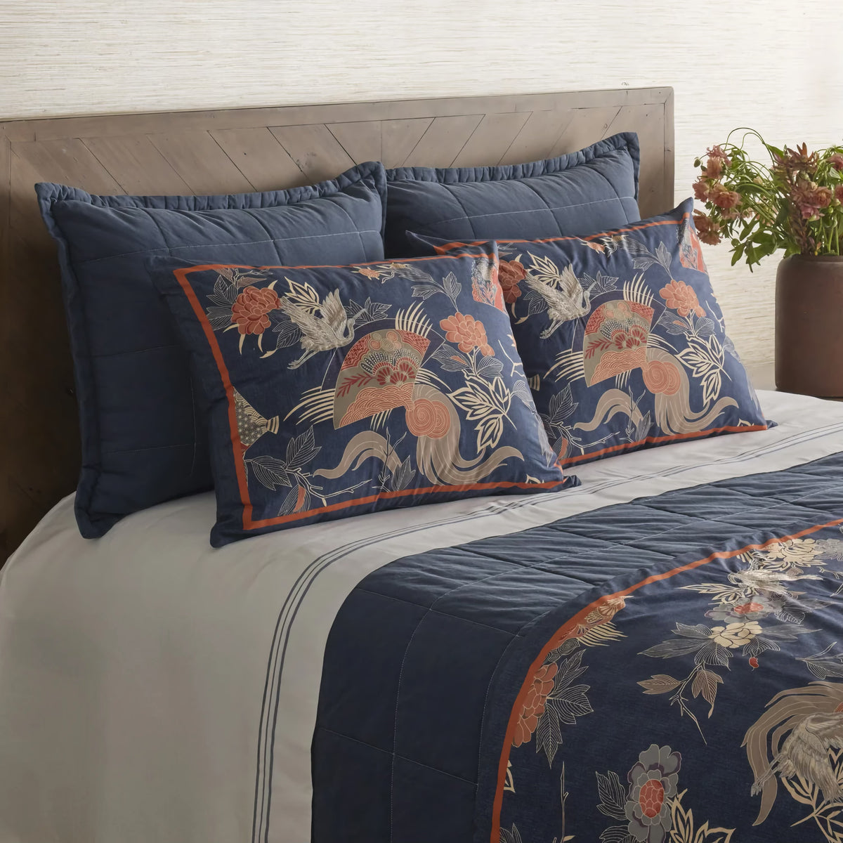 Denim colored Ann Gish Cotton Canvas Coverlet Set with Patterned bedding as coordinates