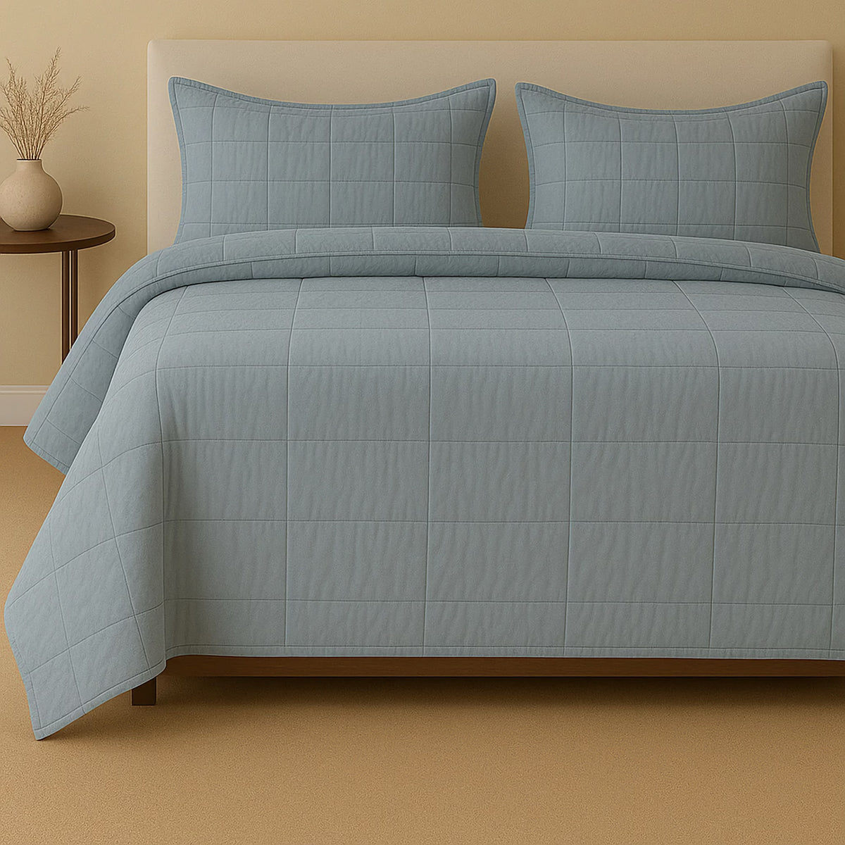 Bed with Powder Blue colored Ann Gish Cotton Canvas Coverlet Set