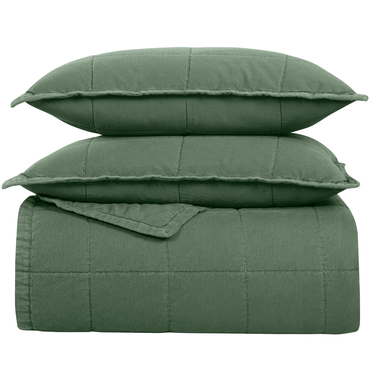 Stack of Forest Green colored Ann Gish Cotton Canvas Coverlet Set