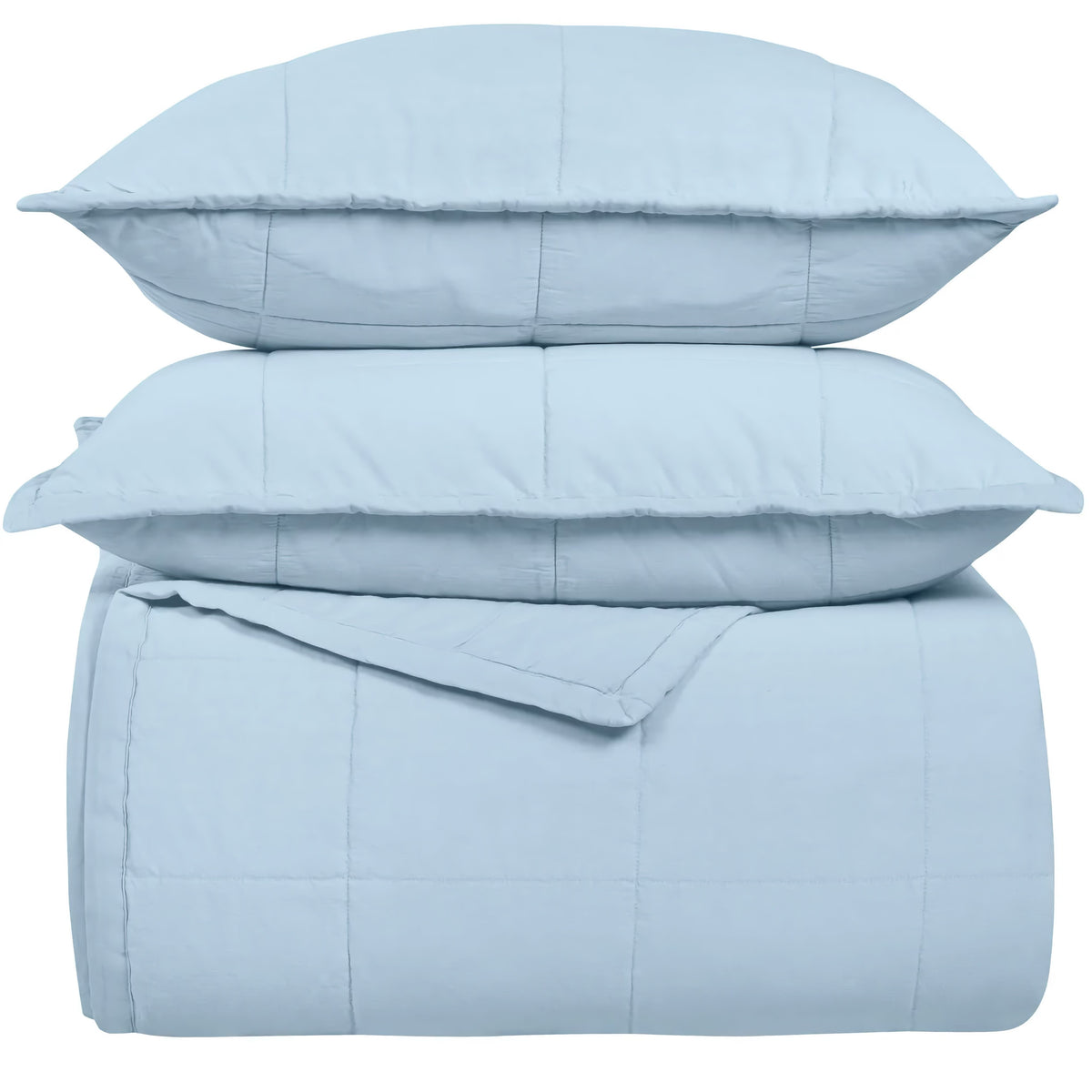 A stack of Powder Blue colored Ann Gish Cotton Canvas Coverlet Set
