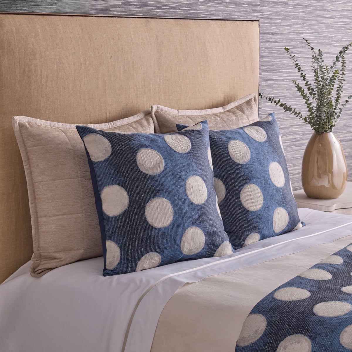 Two Ann Gish Eclipse 24x24 Decorative Pillows in Blue and Silver colors
